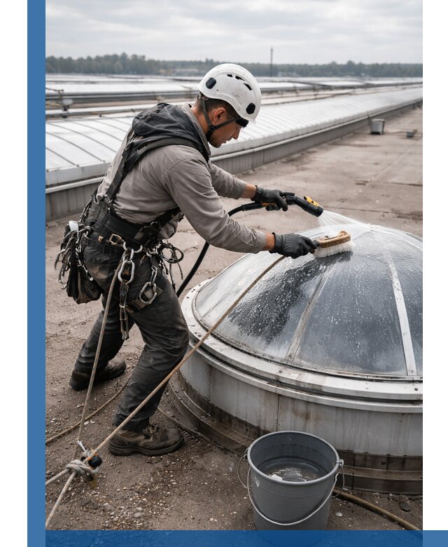 Мойка зенитных фонарей на кровле для промышленных объектов в Новоалтайске