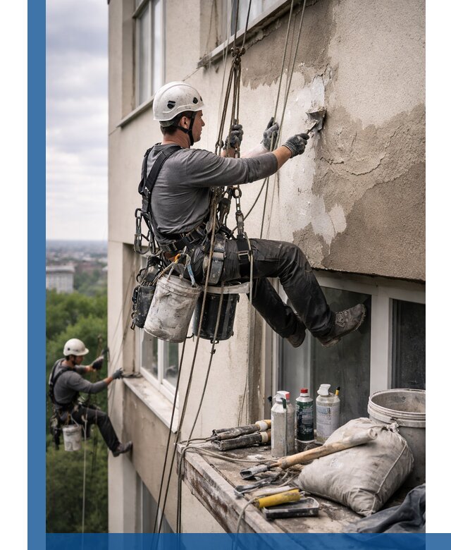 Косметический ремонт фасада зданий в Новоалтайске промышленными альпинистами