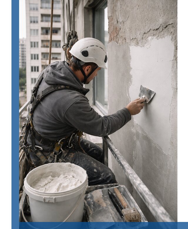 Шпаклевка фасадов на высоте с промальпинистами в Новоалтайске