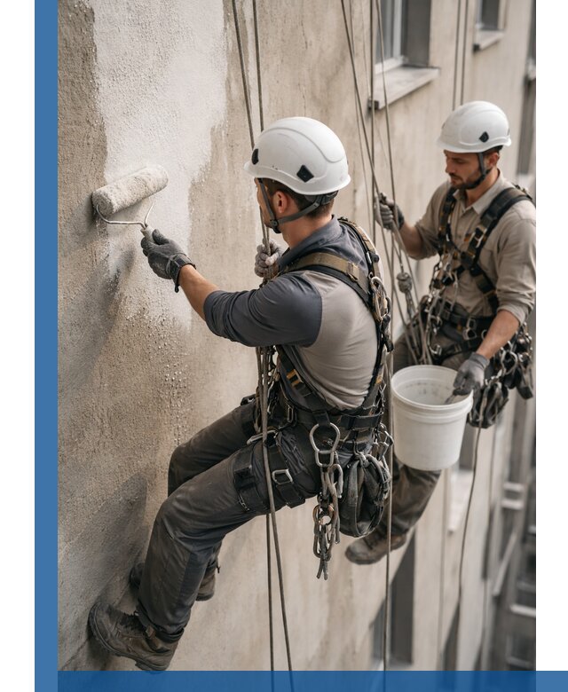 Грунтовка фасада на высоте в Новоалтайске промышленными альпинистами