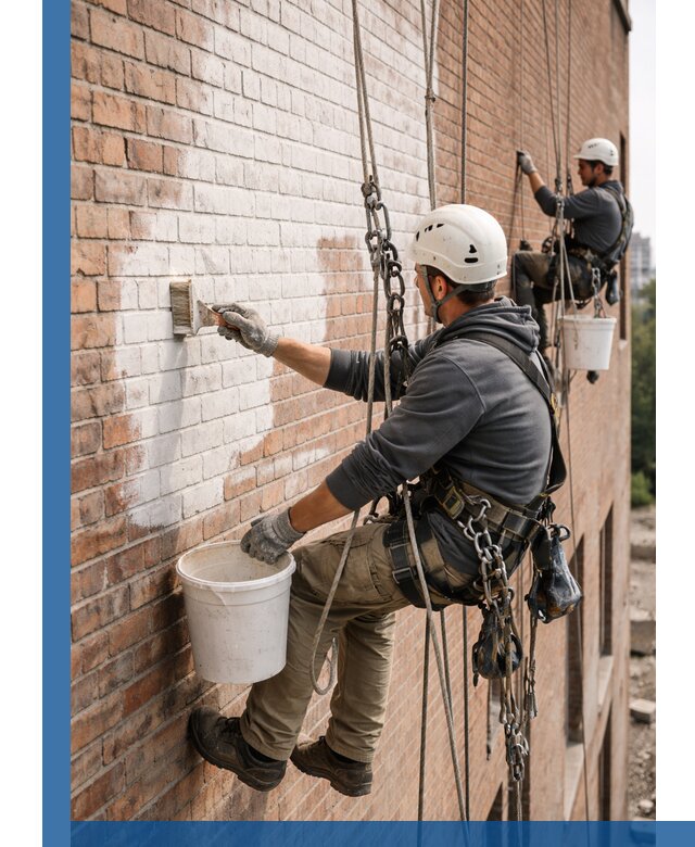 Покраска кирпичного фасада с доступным альпинистским сервисом в Новоалтайске