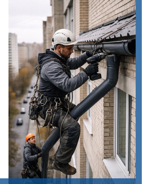 Монтаж водосточной системы на здании в Новоалтайске от 5112 р. | ВЫСОТНИК-Нвл