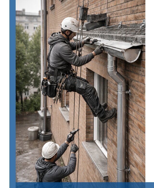 Монтаж водосточной системы на здании в Новоалтайске под ключ