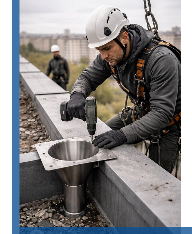 Монтаж водосточных воронок в Новоалтайске для промышленных зданий