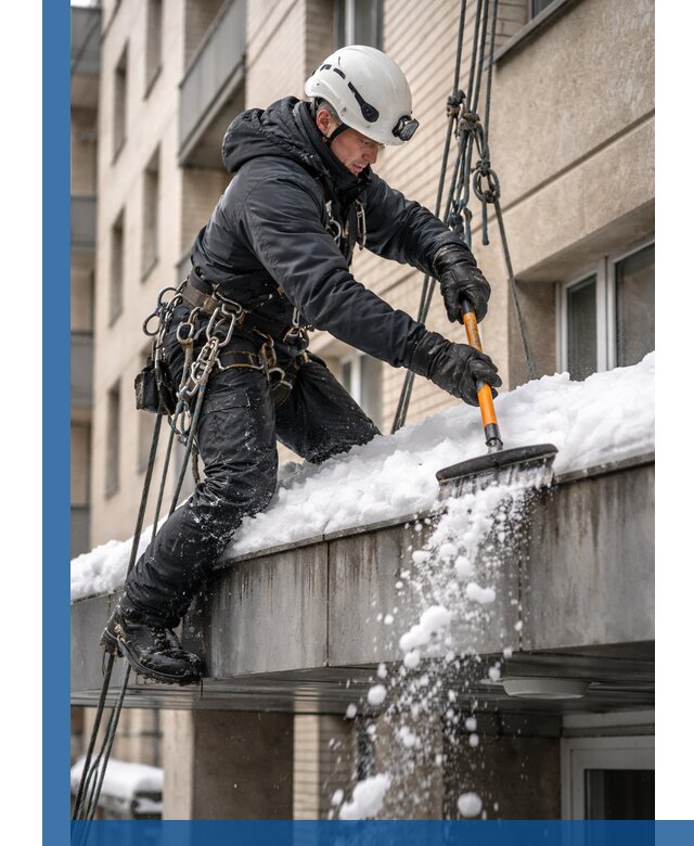 Очистка козырьков от снега в Новоалтайске круглогодично безопасно