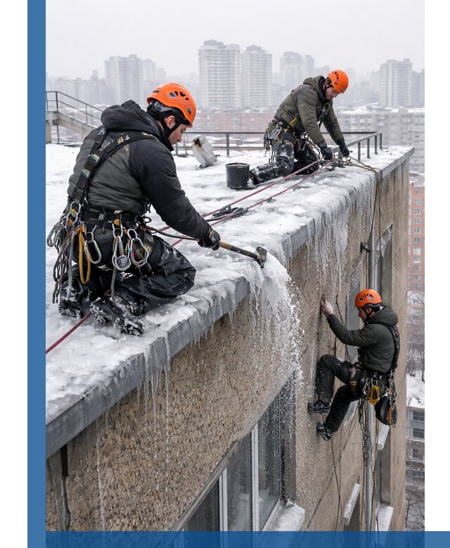 Удаление наледи с кровли в Новоалтайске промышленными альпинистами