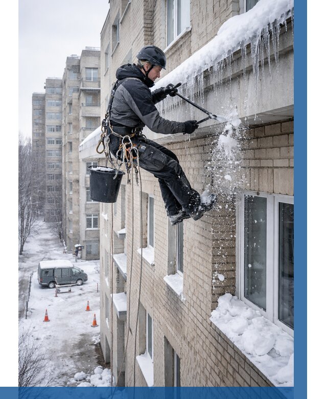 Удаление наледи с карнизов в Новоалтайске от 358 р. | ВЫСОТНИК-Нвл