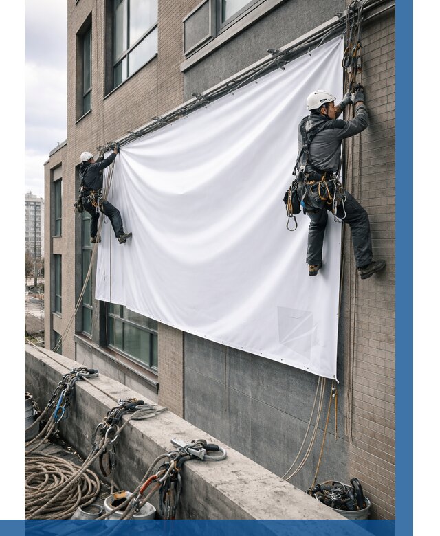 Монтаж баннеров на фасаде в Новоалтайске от 665 р. заказать ВЫСОТНИК-Нвл