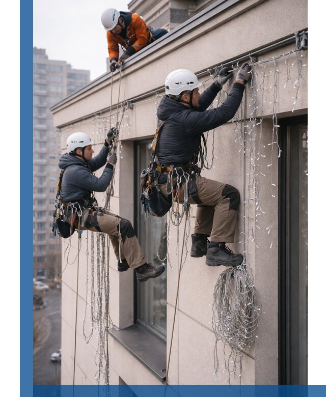 Монтаж праздничных гирлянд на фасаде в Новоалтайске для зданий