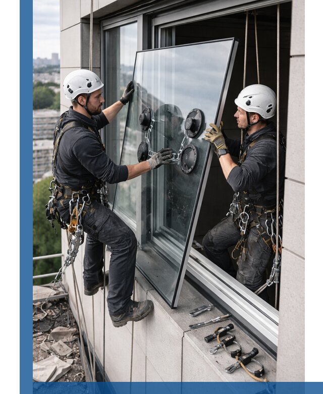 Замена стеклопакетов на высоте с промышленными альпинистами в Новоалтайске
