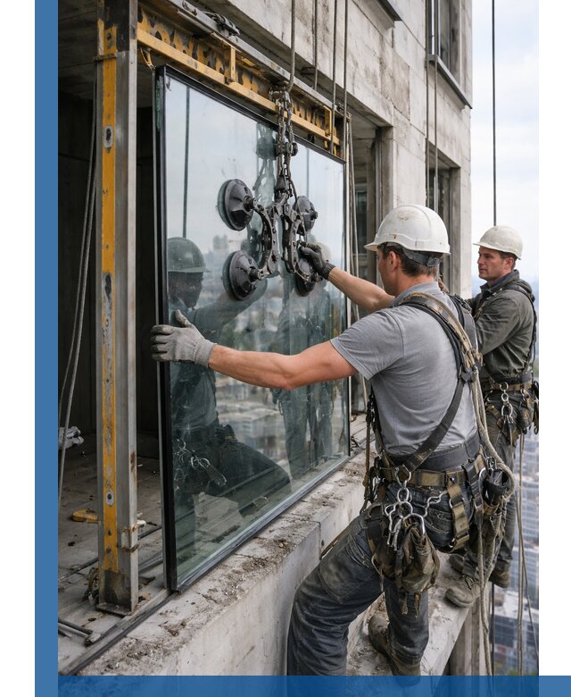 Монтаж стеклопакетов на высоте в Новоалтайске с промышленным альпинизмом