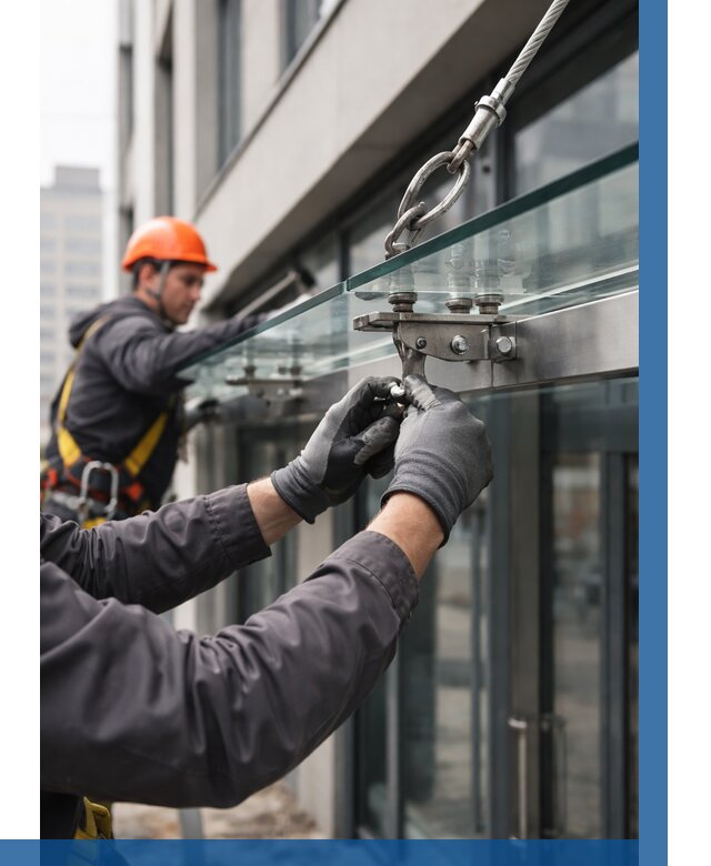 Монтаж стеклянных козырьков в Новоалтайске от 8690 р. | ВЫСОТНИК-Нвл