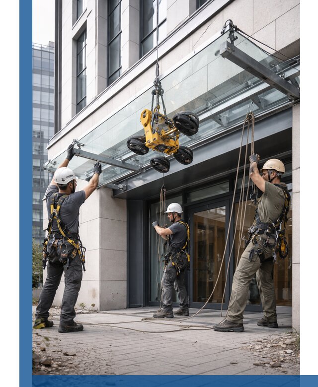 Монтаж стеклянных козырьков под ключ в Новоалтайске для зданий