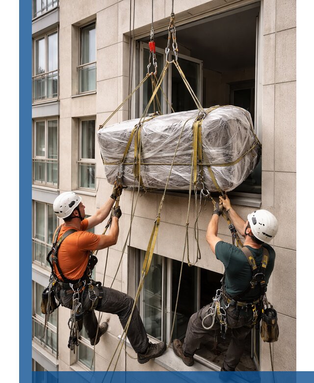 Подъем грузов через окно в Новоалтайске промышленными альпинистами