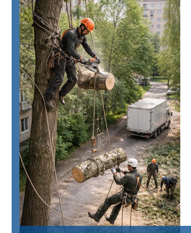 Спил деревьев альпинистами в Новоалтайске, безопасно и без повреждений